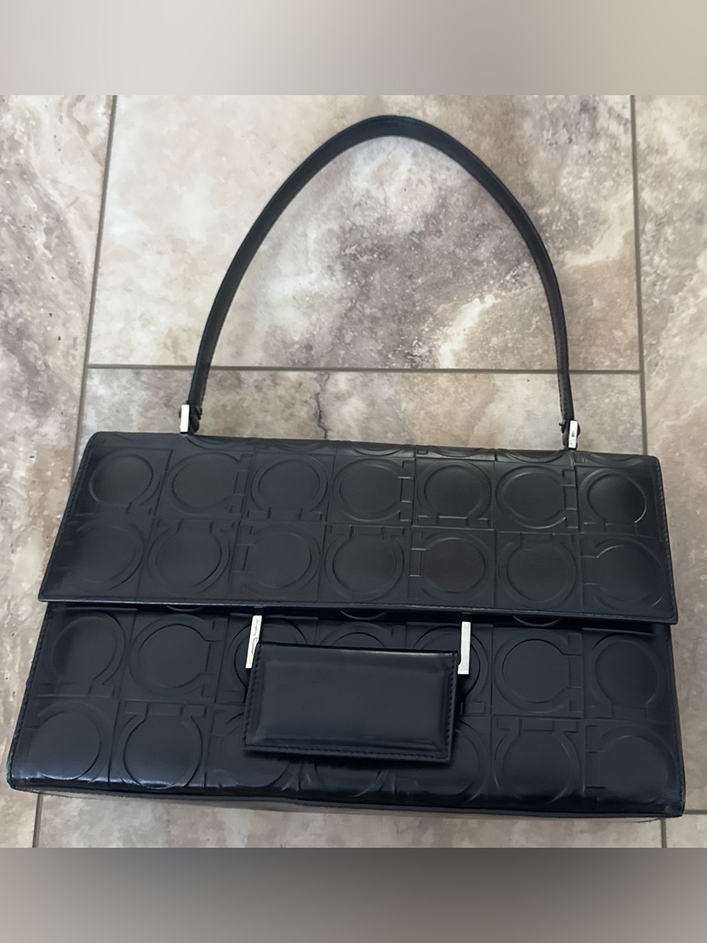 90s Vintage Salvatore Ferragamo Black Gancini Embossed Leather Shoulder Bag